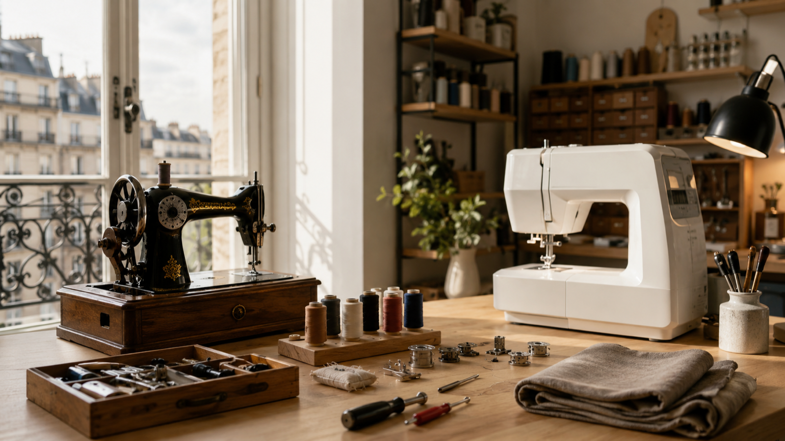 Atelier parisien de réparation avec machines à coudre, bobines et outils