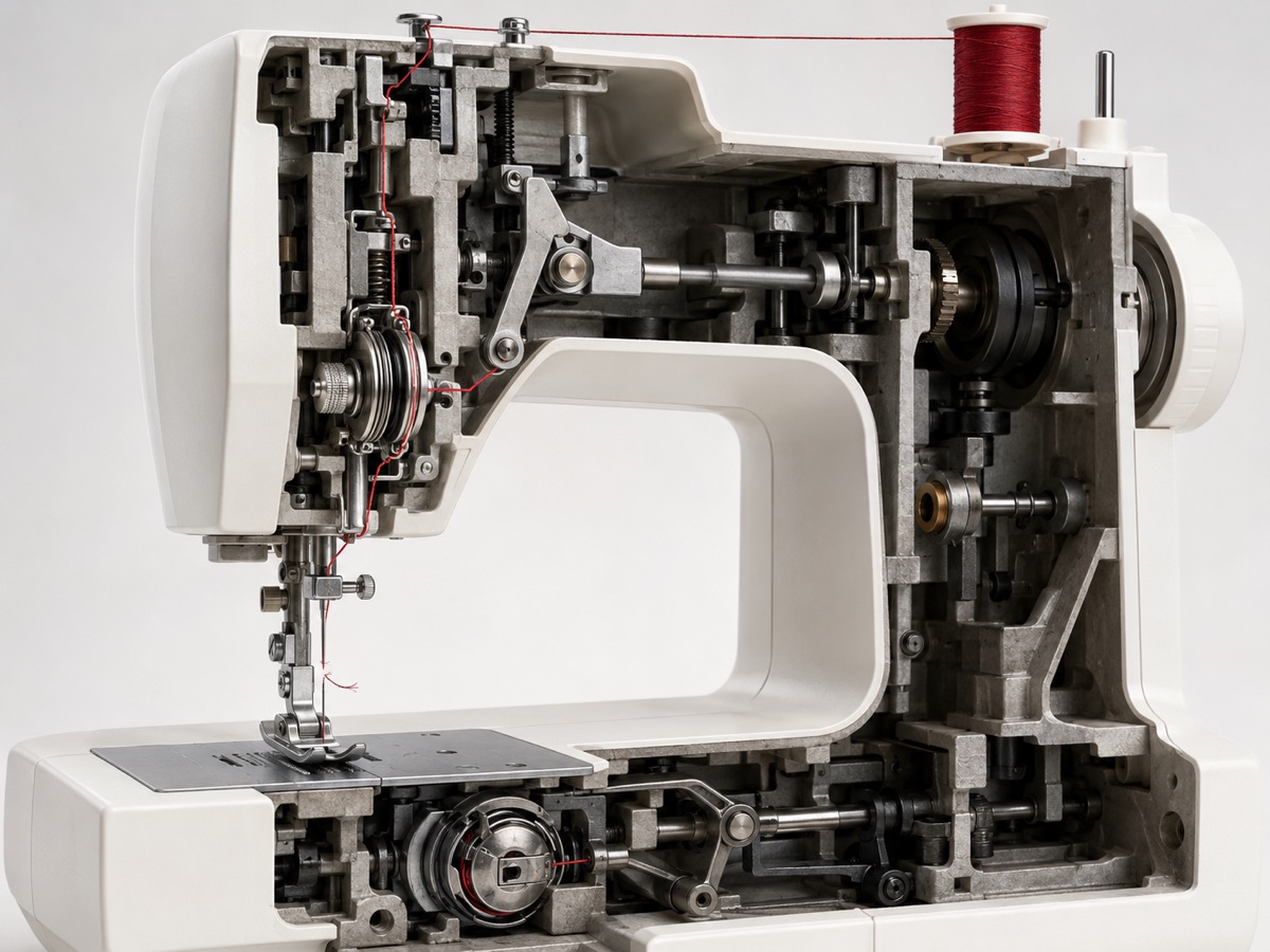Vue en coupe 3D du trajet du fil supérieur avec fil cassé près de l’aiguille