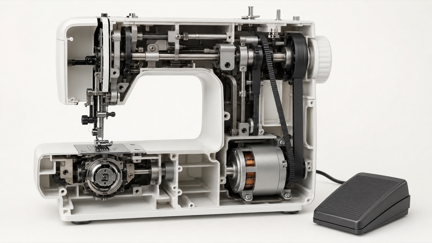 Vue en coupe 3D d’une machine à coudre avec moteur et pédale visibles