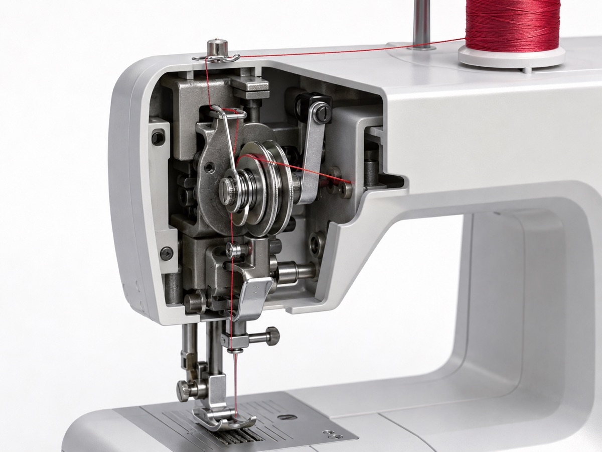 Vue en coupe 3D du système de tension du fil supérieur dans une machine à coudre