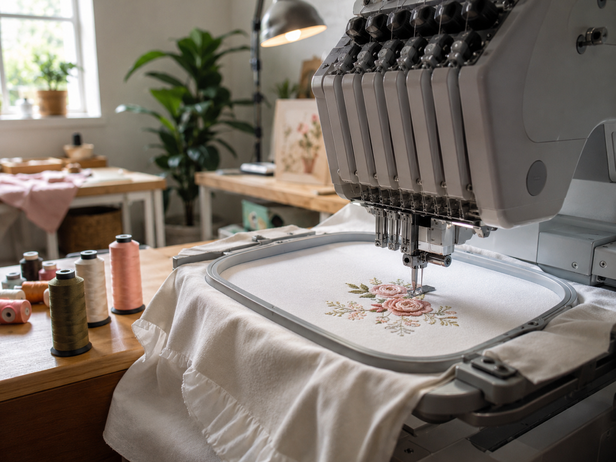 Machine à broder en atelier avec cadre de broderie et fils colorés